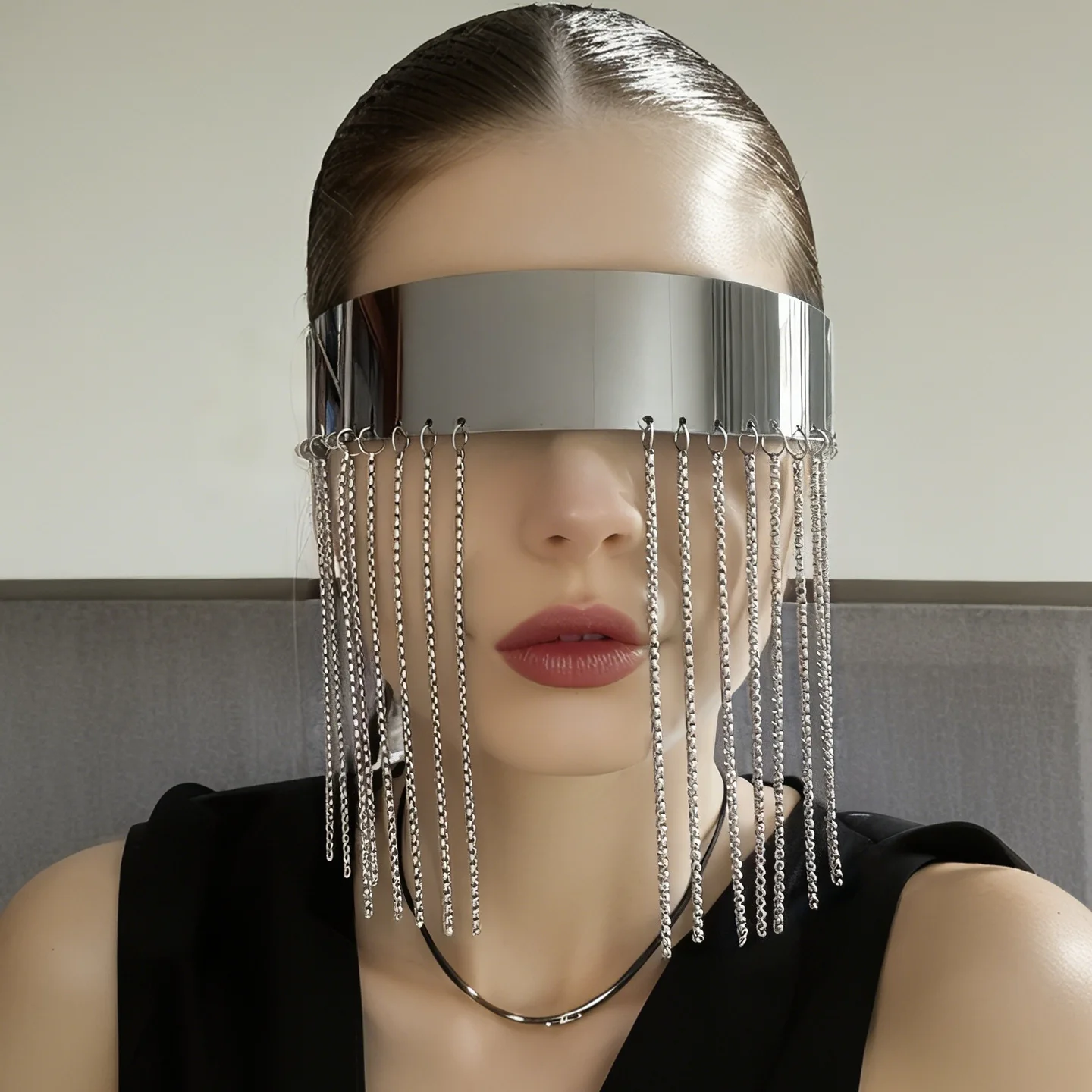 1Pc Futuristic Rimless Glasses, punk chain mask design, niche Korean style, chic for party DIY, cosplay and gifting