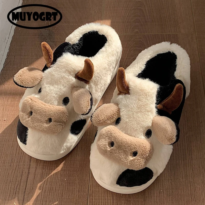 Funny Animal Slippers For Men Women Kawaii Fluffy Winter Warm Indoor Slipper Couples Cartoon Milk Cow House Slides Funny Shoes