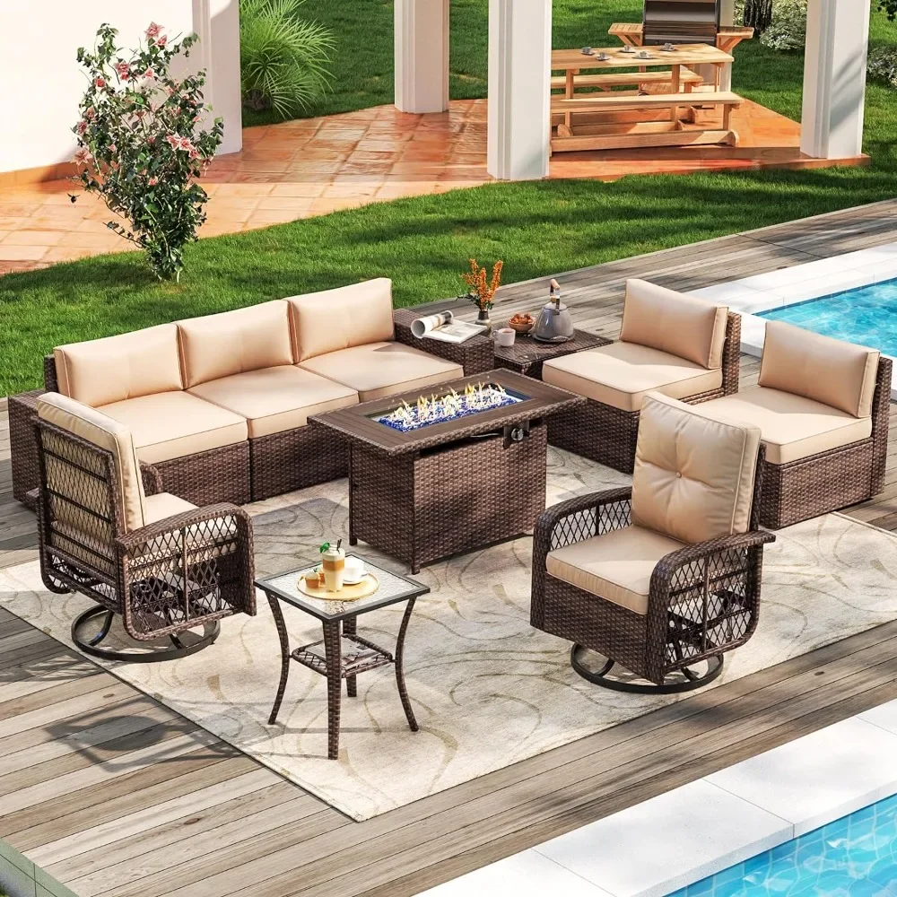 Aoxun-Wicker Rattan Outdoor Furniture Set, Pátio sofá secional, cadeiras de balanço giratórias, Mesa Fire Pit, 10 pcs