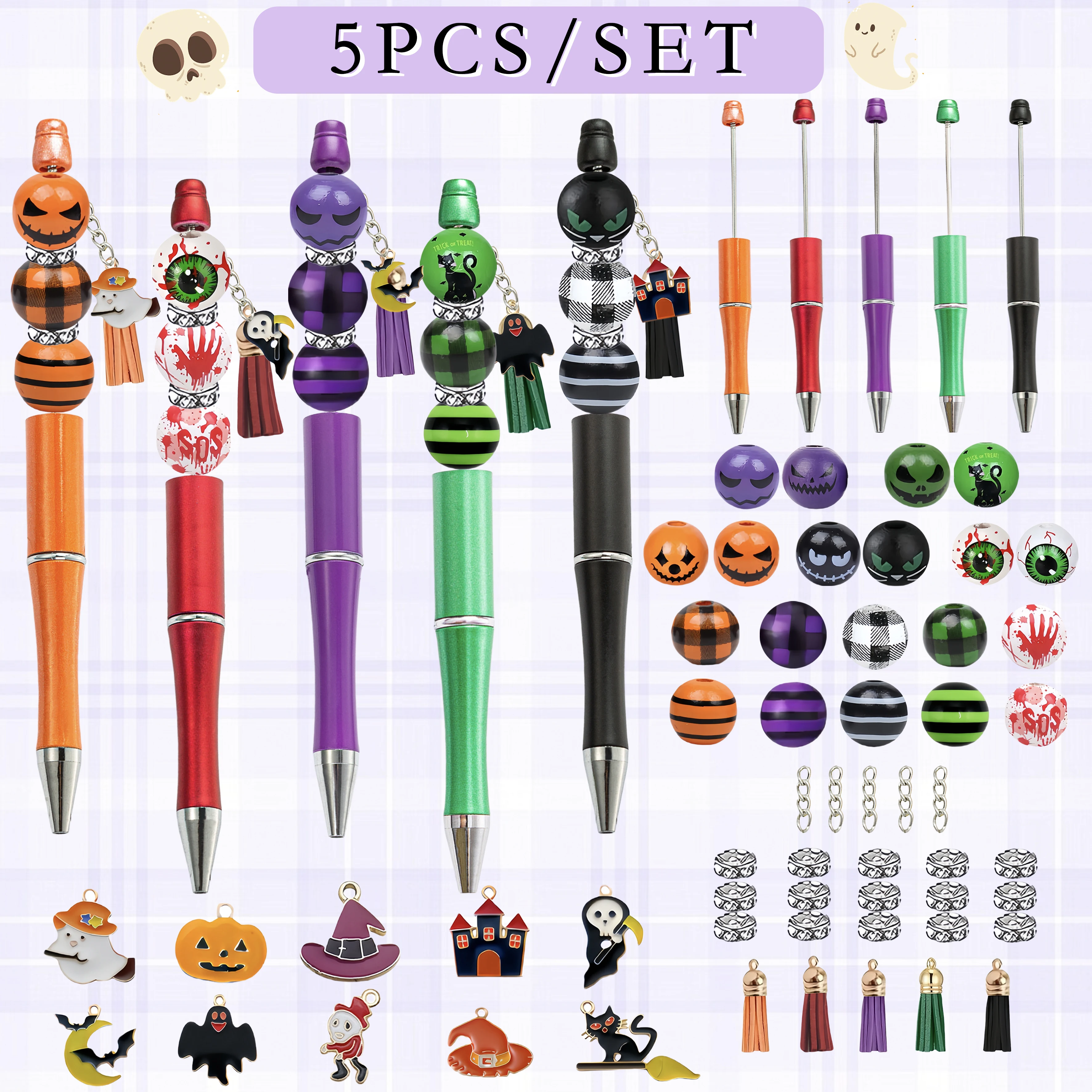 5 قطع من قلم حبر جاف مطرز يدويًا على شكل Ghostface للهالوين ومجموعة شرابات من الخرز الخشبي، مستلزمات المكتب والدراسة #1