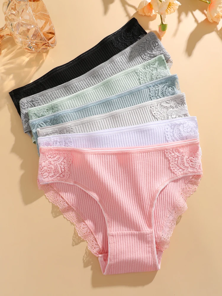 FINETOO 6Pcs Cotton Lace Floral Panties Sexy Striped Underwear For Women Solid Breathable Briefs Female Stretchy Soft Lingerie