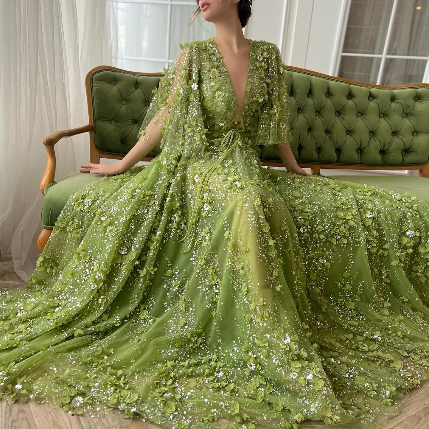 

Sharon Said Elegant Sexy Plunging V-neck Green 3D Embroidered Flowers Arabic Evening Dress Wedding Party Gowns SS354 Customized