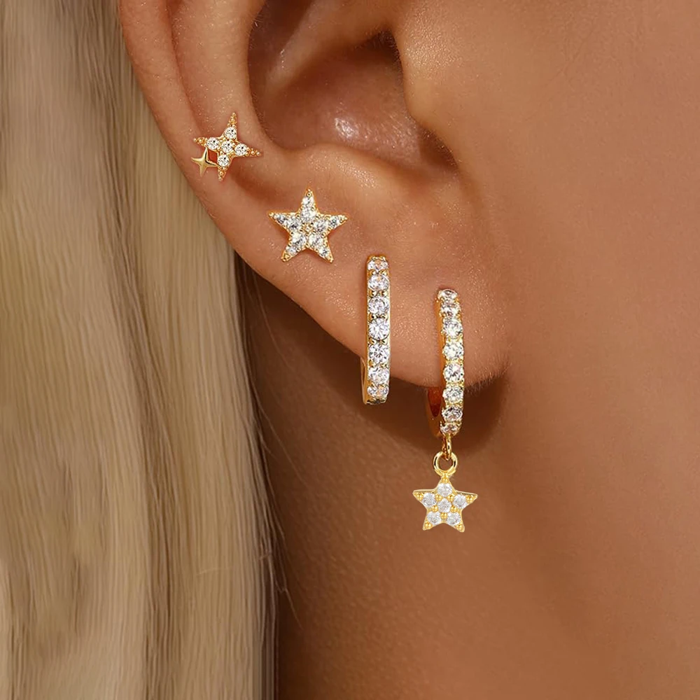 4PCS Stainless Steel Hoop Earrings Set For Women Little Crystal Star Ear Stud Earrings Girls Cartilage Piercing Jewelry Gifts