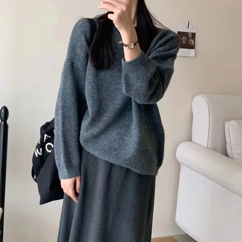 Korean Autumn Winter O-neck Knitted Sweater Women Solid Thick Fashion Versatile Long Sleeve Knitted Pullovers Sweater for Women