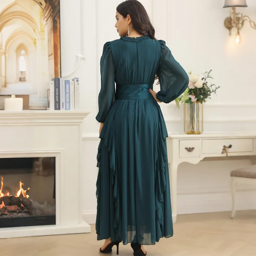 

Dubai Women Ruffles Long Sleeve Dress Diamonds Abaya Kaftan Muslim Femme Evening Party Gown Turkey Formal Femme Robe Vestidos
