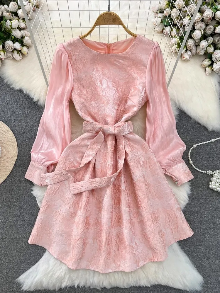 

Women Luxury Floral Jacquard Pink Dress Festa High Quality Elegant Belt Long Sleeve Party Femme Vintage Designer A-line Vestidos