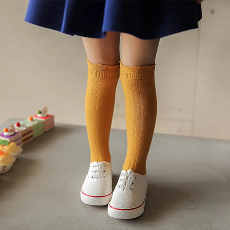 Spring Autumn Baby Girls Cotton Knee High Long Socks for Children Kids Toddler Kawaii Candy Color Ruffles Lace Frilly Stockings