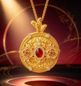 Camellia compass pendant with silk enamel dot diamond 9999gold
