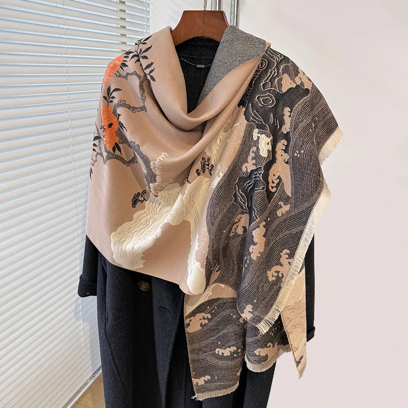 NEW Chinese Style Landscape Painting Two-Sided Thickened Pashmina Scarf Cashmere Short Beard Shawl Winter Keep Warm Female Scar