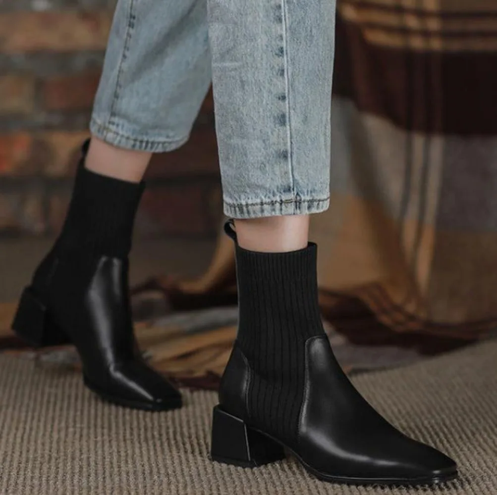 Botas cortas de tacón grueso para mujer, botines con calcetines elásticos, estilo Chelsea, talla grande 43, otoño e invierno, 2023