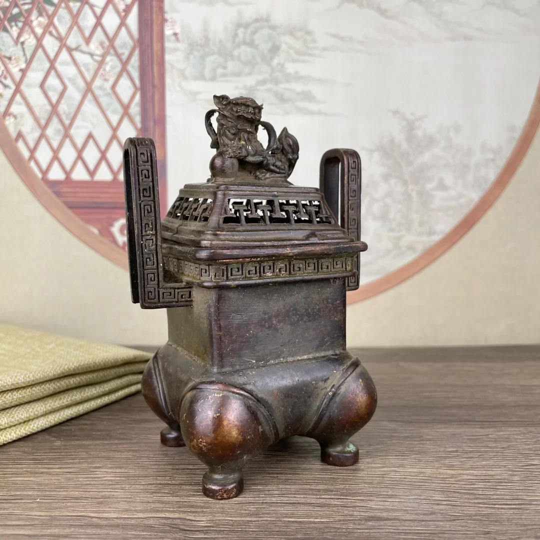 Chinese Antique Collection Copper Hollow Out Lion Quadruped Furnace Incense Burner