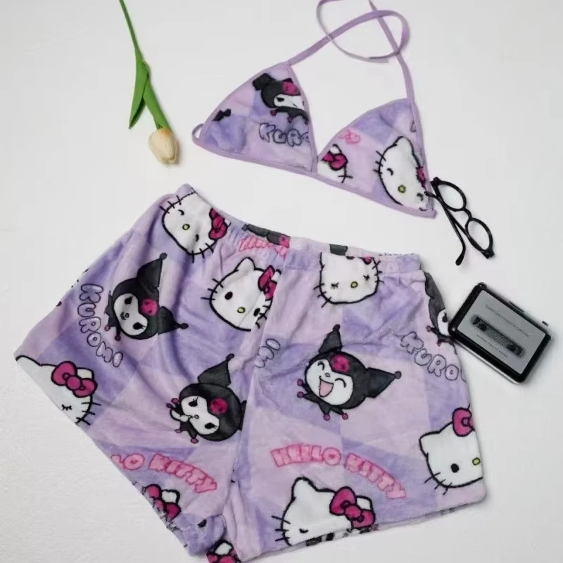 

Cartoon Hello Kitty Cute Sexy Plush Pajamas Two-Piece Set Casual Split Strap Adjustable Underwear Kawaii Gift Sanrio New Style