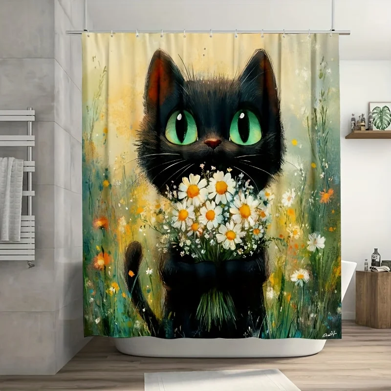 

1 шт., очаровательная занавеска для душа с черным котом и зелеными глазами, прочный полиэстер, можно стирать в машине, для декора ванной комнаты и окон