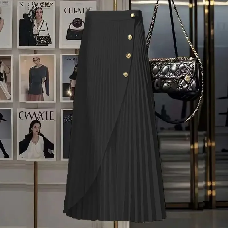 

A-Line Skirt Elegant Office Lady Midi Skirts 990P Fashion Asymmetrical Pleated Skirt For Women Solid Color High Waist Buttons