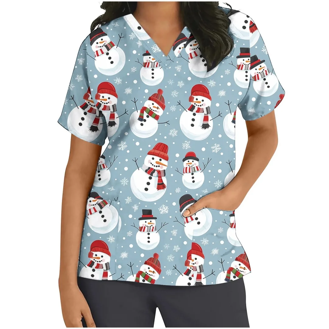 Uniforme sanitário feminino bonito boneco de neve impressão com decote em v manga curta bolsos micro material elástico topos uniformes clínicos feminino topo