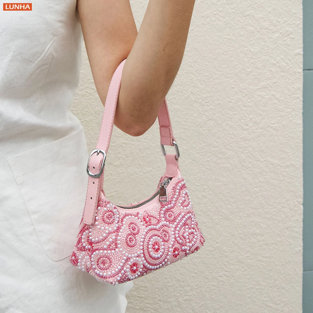 Woman Hobo Bag Elegant Pearl Embroidered Armpit Bags Evening Party Handbag Shoulder Purse for Prom Wedding Event