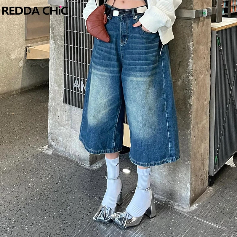 

ReddaChic Retro Blue Brushed Baggy Jorts Women Distressed Low Waist Frayed Whiskers Casual Wide Leg Denim Shorts Korean Clothes