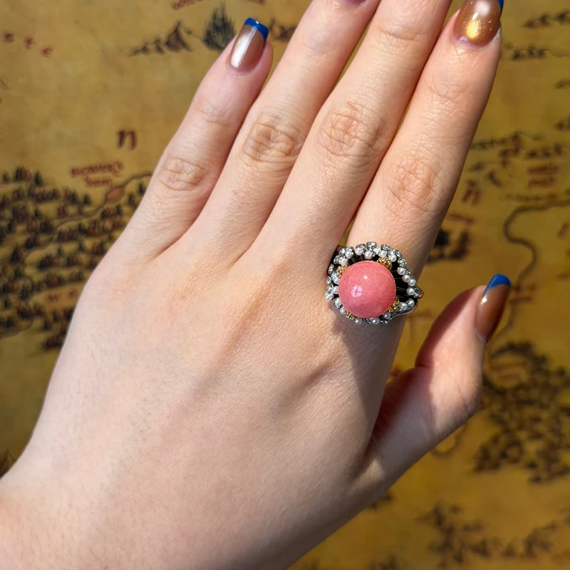 Vintage Rose Quartz Pearl Rings Natural Stone Beads Jewelry Antique Silver Color Lady Retro Accessories Valentine'S Day Art Deco