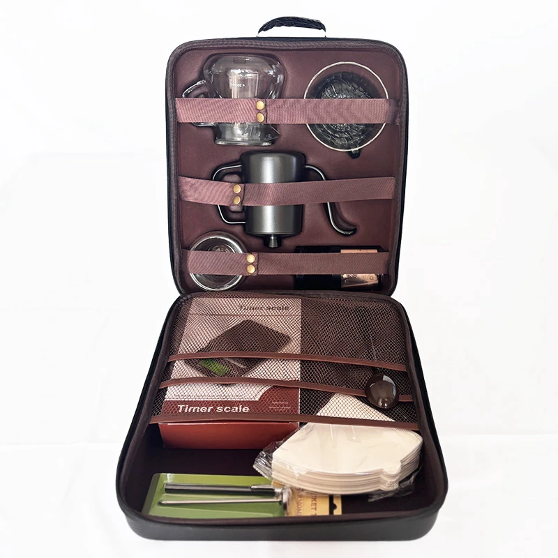 

Travel Coffee Accessories Set Including PU Bags Manual Grinding Cups Filter Cups and Other Outdoor Coffeeware