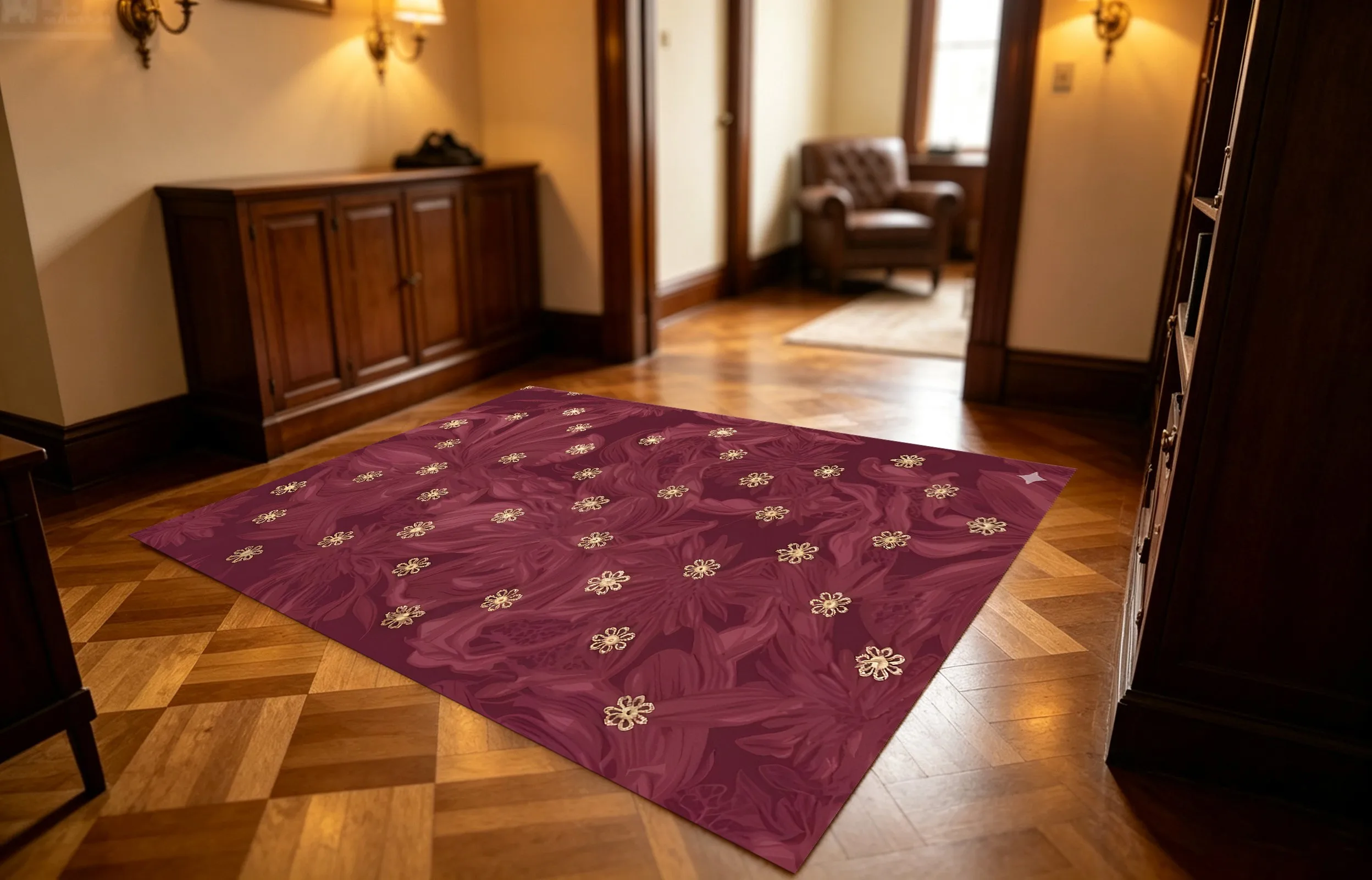 Wine-Red Velvet Rug with Subtle Gold Floral Patterns, a Luxurious and Vintage Style Suitable for Spring Festival, Weddings, and Other Holidays. Ideal for Bedrooms, Living Rooms, and Entryways. Creates a Festive and Elegant Atmosphere.