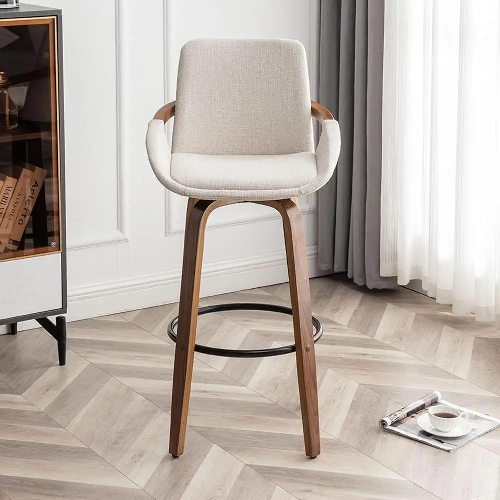 カウンターハイトバースツール2脚セット ミッドセンチュリーモダン レトロバーチェア チャコールベージュ リネン風ファブリック張り ウォールナット材