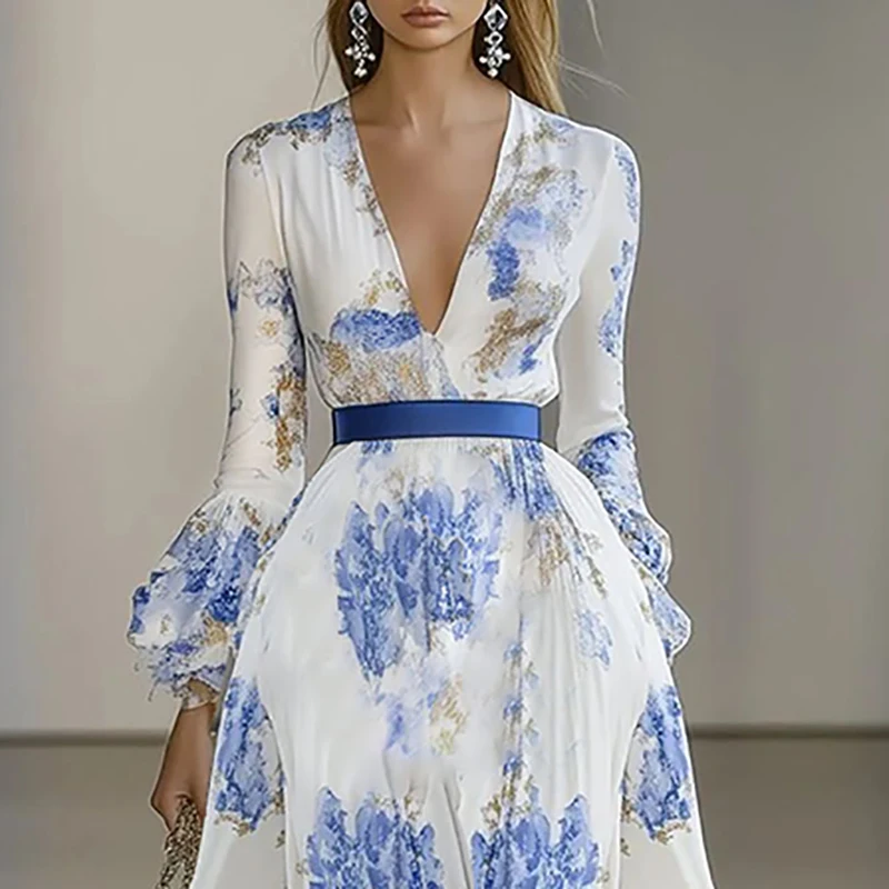 Donna Chic Stampa floreale Boho Abiti lunghi Primavera Manica a farfalla Vita alta Abito da ballo Sexy scollo a V Vacanza Maxi Dress Vestidos