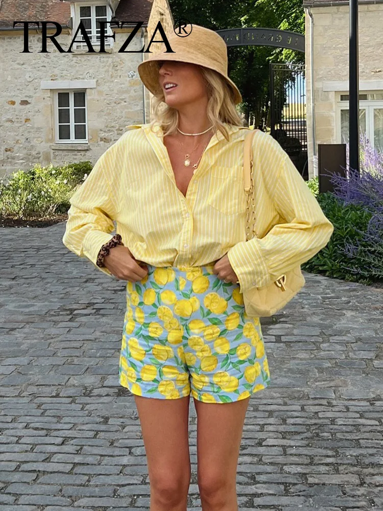 TRAFZA Fashion Lemon Printed Shorts for Woman Elegant Zipper Fly High Waist Short Pant Female Summer Sweet Shorts Streetwear