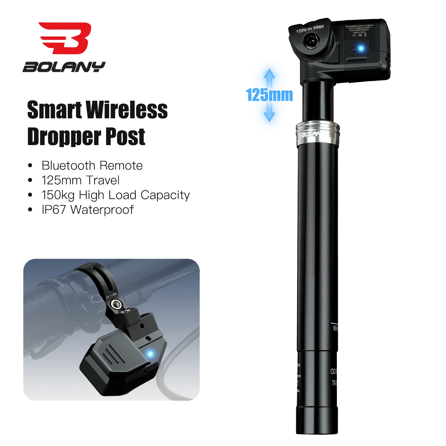 BOLANY 31.6MM Bicycle Wireless Dropper Seatpost Bluetooth Remote 125MM Travel Electronic Control Mountain Bike Seat Post IP67