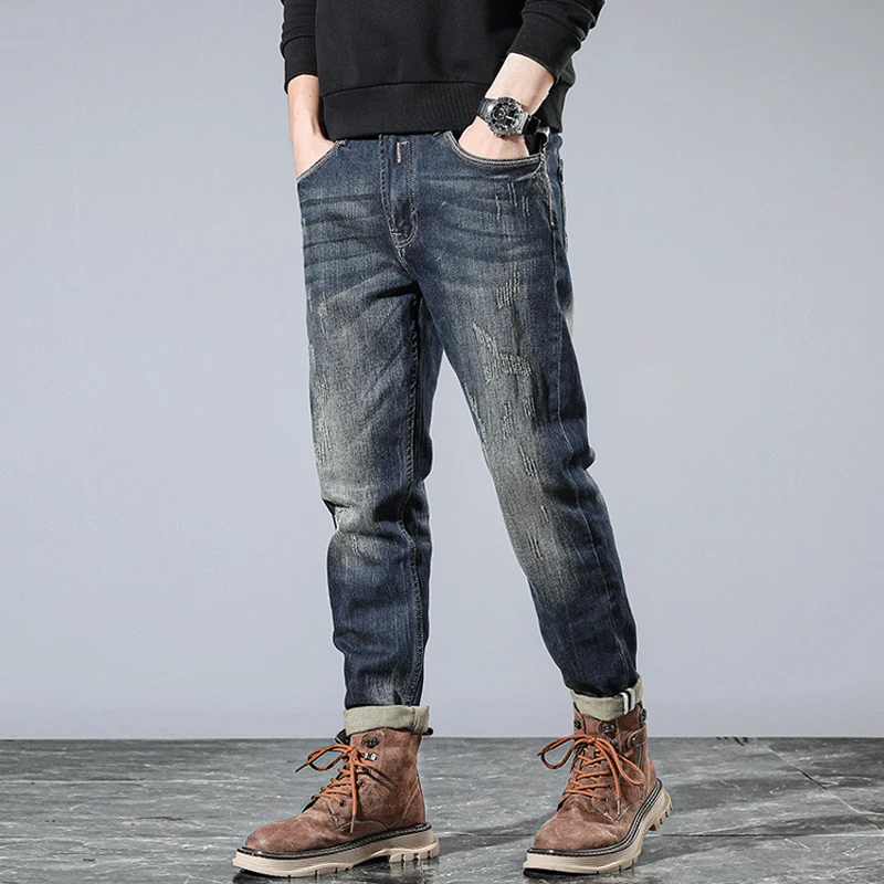 Jeans da uomo di moda in stile italiano di alta qualità retrò lavato blu elasticizzato Slim Fit Jeans strappati da uomo pantaloni in Denim firmati Vintage