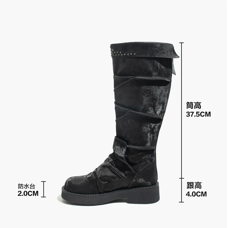 Heavy Metal Style Rivet Splicing High Tube Knight Boots Women Thick Bottom Retro Motorcycle Boots Spicy Girls Y2K Mid Calf Boots