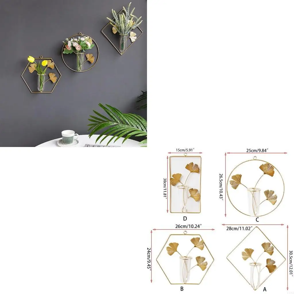 F19b für kreative Wandhängepflanzen Vase mit Metall Ginkgo Blattrahmen Ständer Geometrische Glasinstrumente Hydroponische Haus
