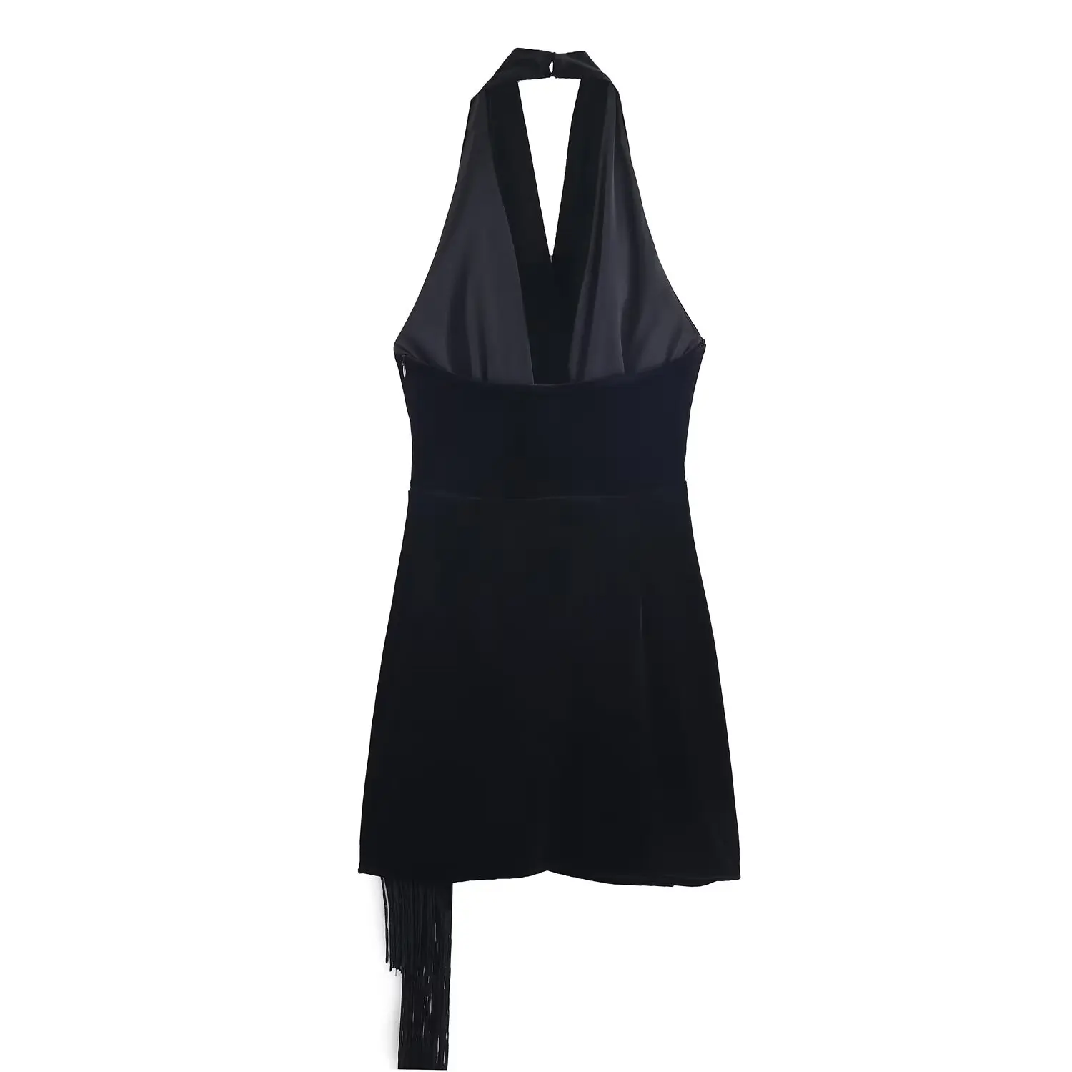 Sukienka z frędzlami z aksamitu, krótka, damska, modna, jesienno-zimowa, na przyjęcie urodzinowe, seksowna, z dekoltem typu halter, dekolt w serek, francuski szyk, damska odzież wieczorowa.