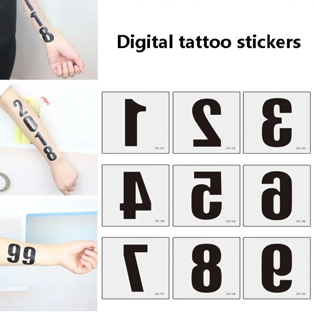 1Pc Tijdelijke Tattoo Zwarte Nummers Alfabet Sticker Voetbal Waterdichte Nep Tattoo Hand