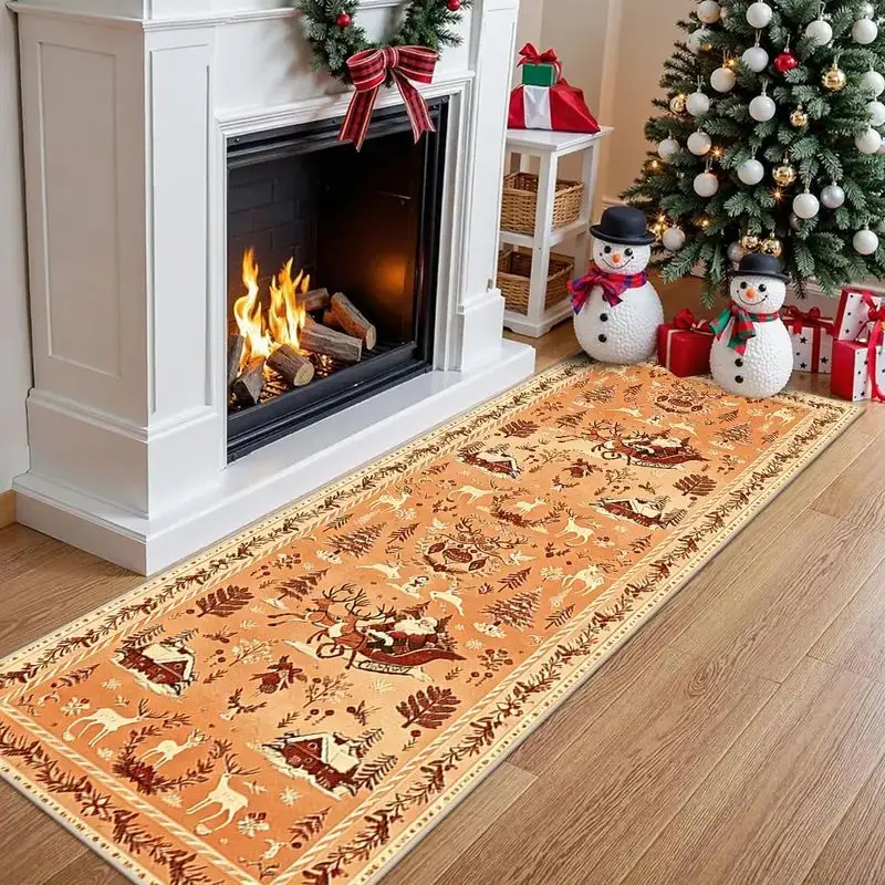 VIKAMA Christmas Reindeer Blue Hallway Runner Carpet for Entryway Floor Mat Cozy Aesthetic Classic Bohemian Home Decor