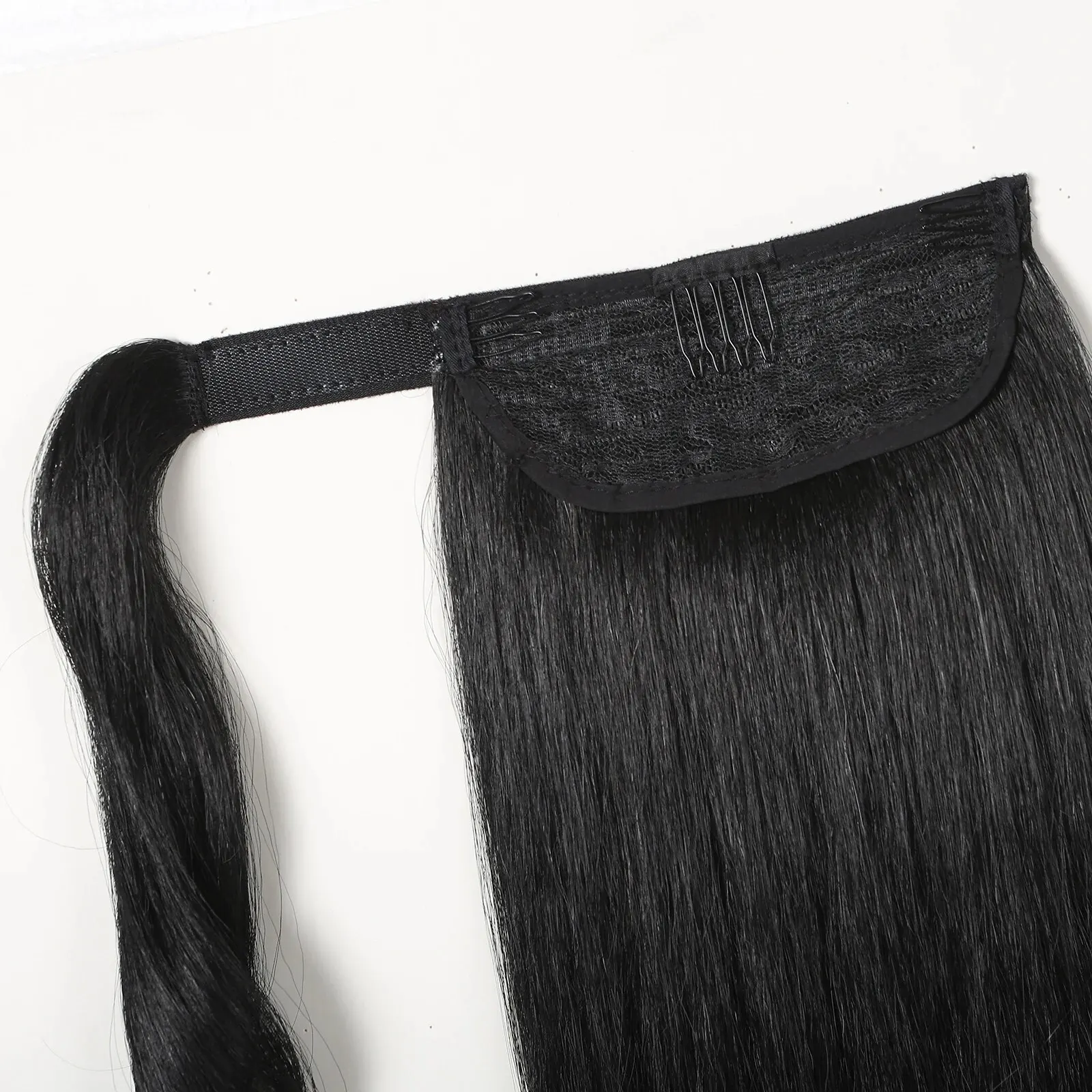 Long Straight Ponytail Synthetic Clip in Hair Extension Black Warp Around Pony Tail Hairpiece for Women Daily Use Heat Resistant