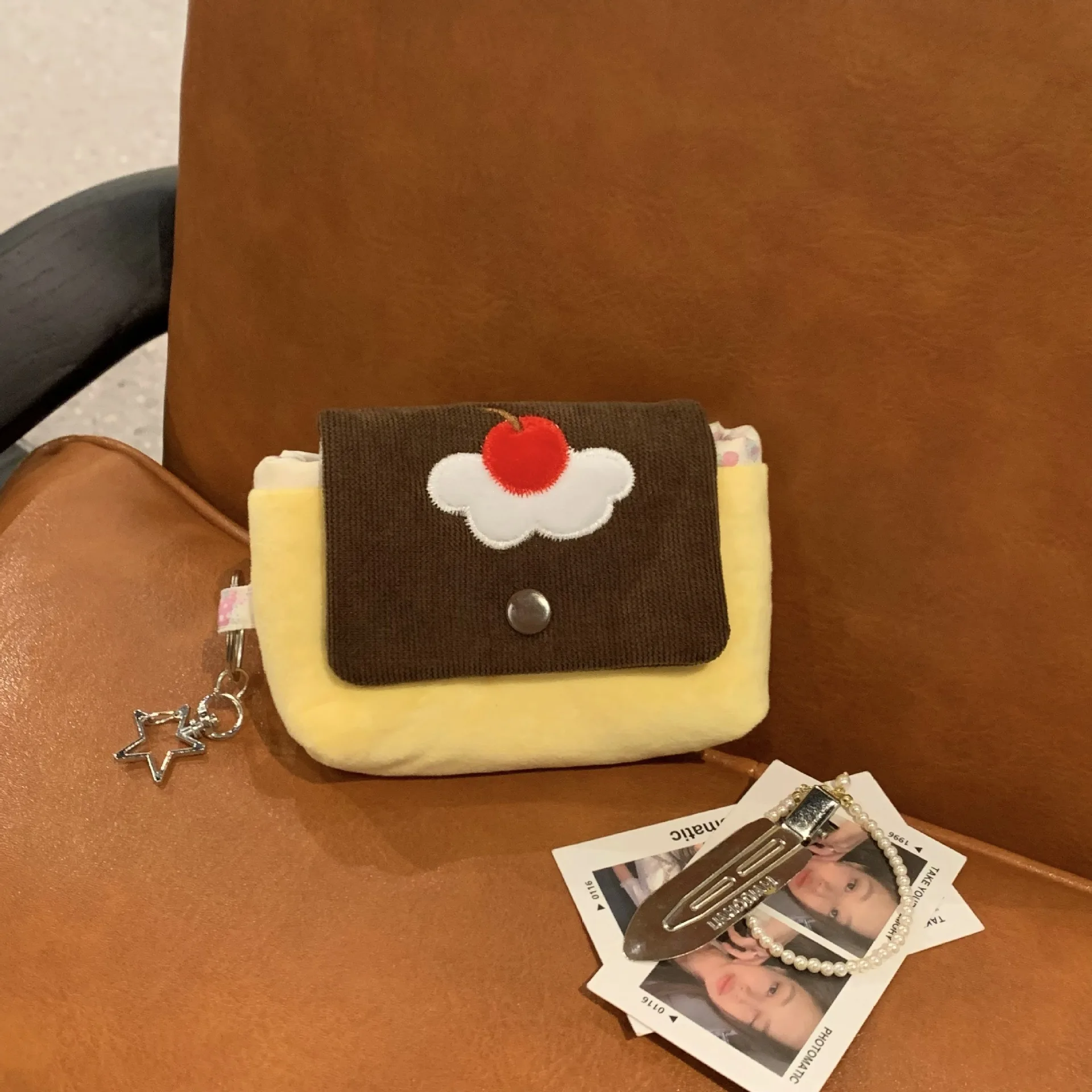 Multifunctional Small Pouch for Girls Cute Cherry Pudding Plush Coin Purse Mini Cartoon Portable Wallet for Cards Earphones Case