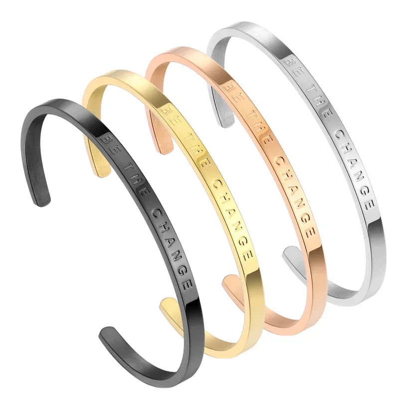 Stainless Steel Cuff Bracelet  for Women Fashionable Couples Ins Best-Selling BE THE CHANGE Non-Fading Gold Plating Gift