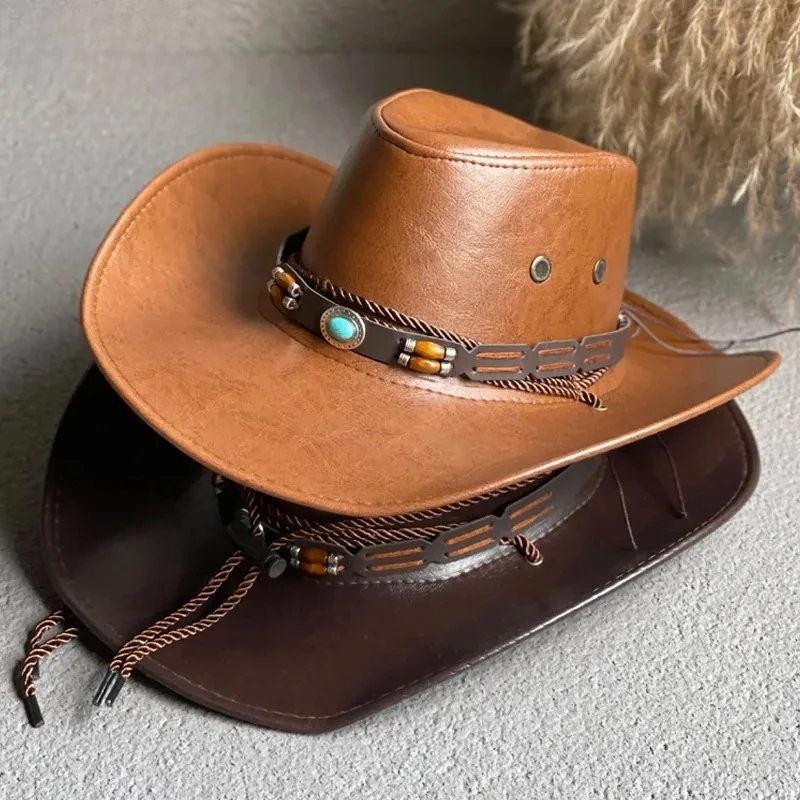 Faux Leather Western Cowboy Hats For Women Men Vintage Gentleman Dress Hats Panama Cowgirl Jazz Cap Sombrero Hombre image 2
