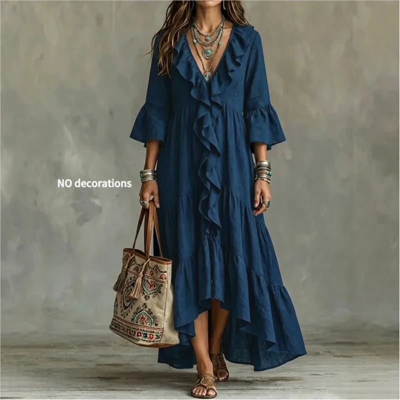 Women's Maxi Dress Deep V Ruffle Front Flared Sleeves Tiered Layer Hem Loose Dress Crinkle 2026 New Autumn Beach Holiday Dresses