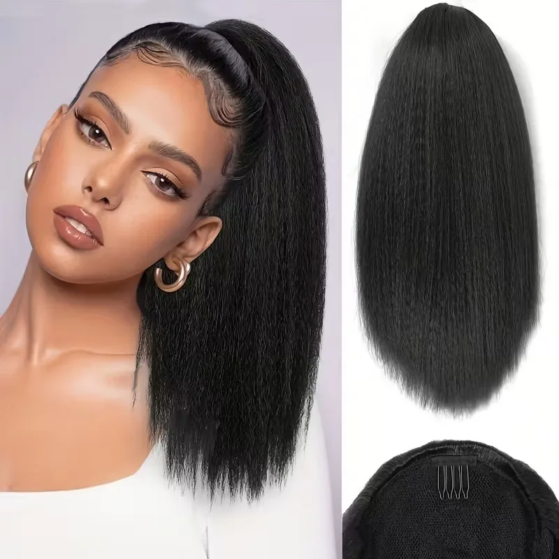 

Women'S Kinky Straight Human Hair Clip-In Ponytail Extension Natural Black Yaki Straight Texture, Adjustable Drawstring Closure