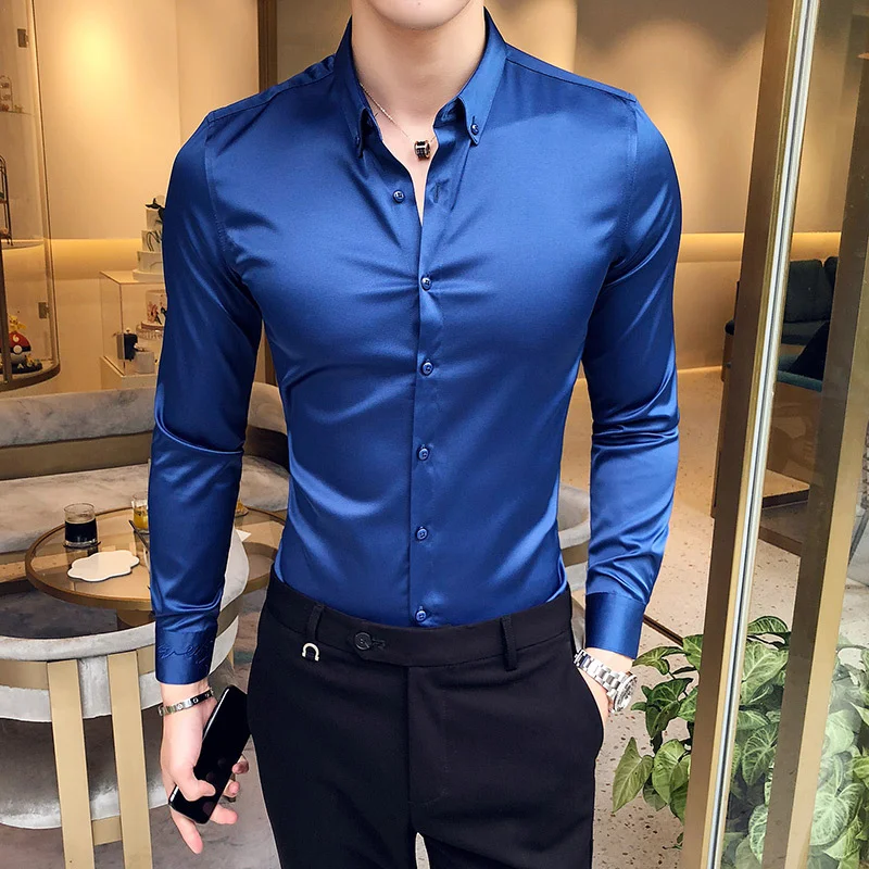 Mens Shirst High Quality Long-sleeved Casual Slim Solid Color Formal Blue Shirt Collar Embroidery Business Social Men Clothing