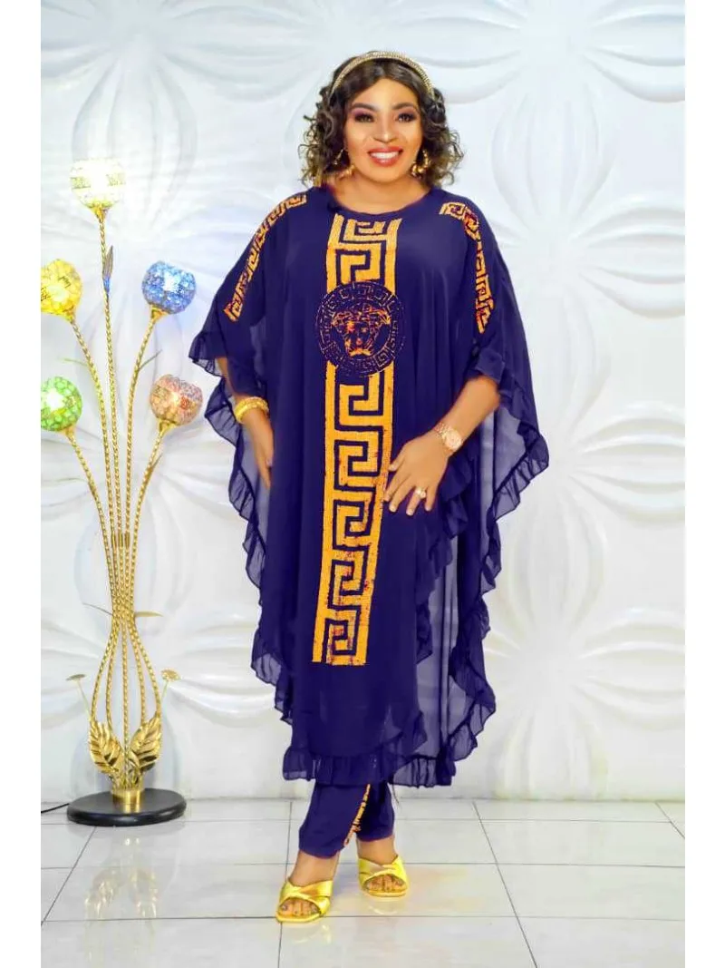 

African Plus Size Chiffon Medium-Length Three-Piece Suit Ultra-Fine Fiber Five-Sleeve Fly Sleeve Chiffon Skirt Set