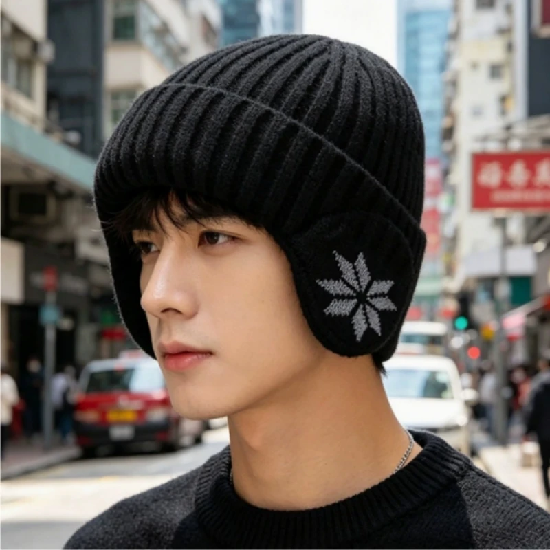 Winter cycling couple's snowflake pattern with thick velvet knit ear protection warm hat