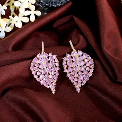 CWWZircons Genuine 5A Shiny Pink Cubic Zirconia Big Wide Leaf Shape Drop Earrings for Women Luxury Party Wedding Jewelry CZ483
