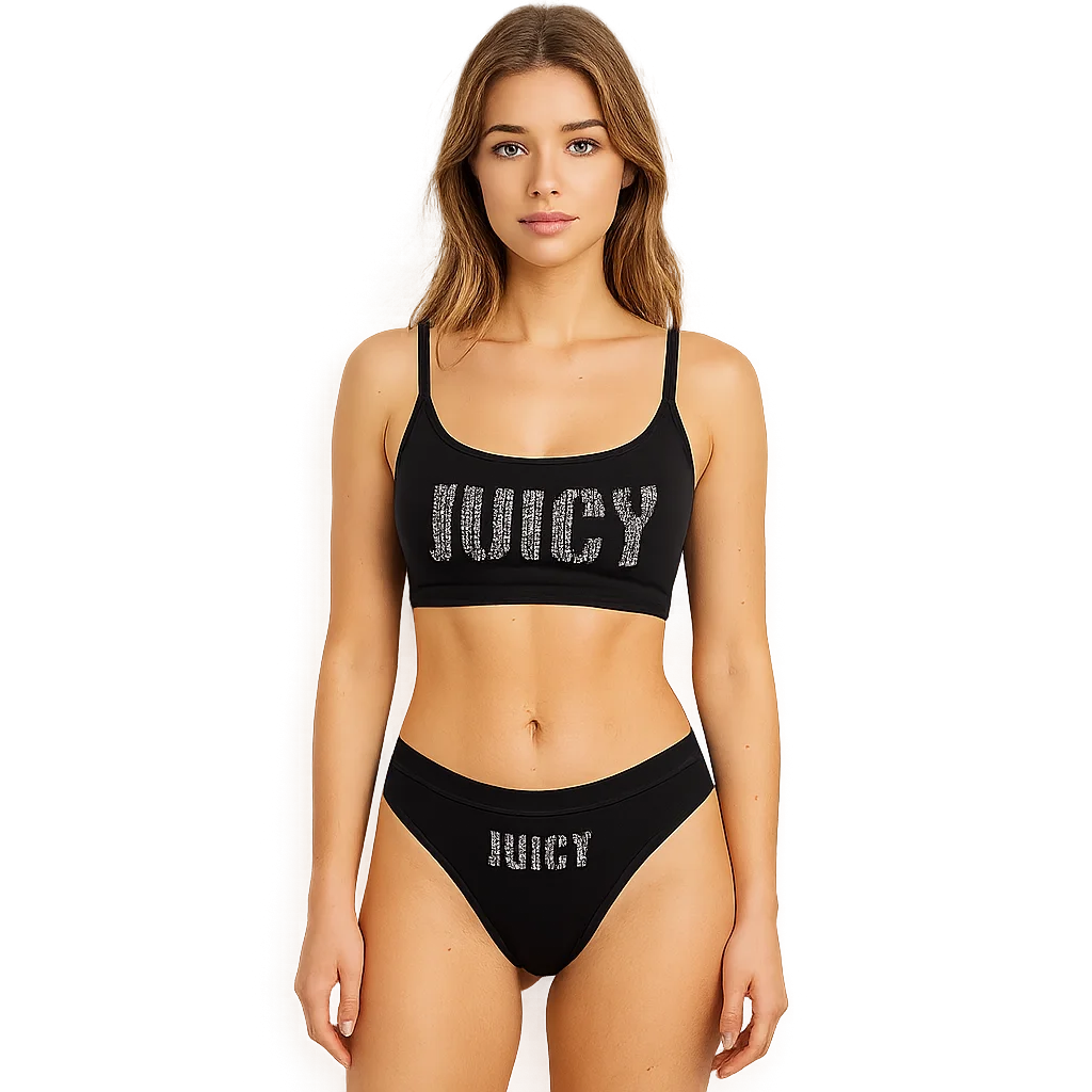 

Сексуальное женское белье в стиле Juicy Couture: комплект бюстгальтера и трусиков с декоративными стразами, эластичное белье для женщин.