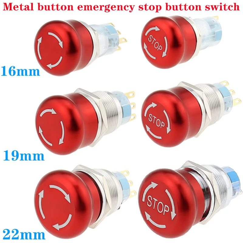 16/19/22mm Metal Aluminum Emergency Stop Switch Push Button Switch Latching NO NC 2NO 2NC Pin Terminal Red Mushroom Stop Button