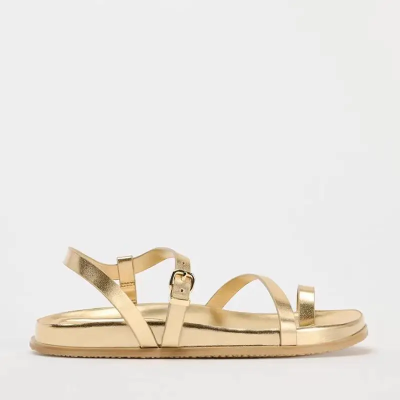 TRAF Woman Gold Color Flat Sandal Shoes Sexy Round Toe Pinch Toe Flip-flops Shoes 2024 Summer Chic Ankle Buckle Straps Sandal