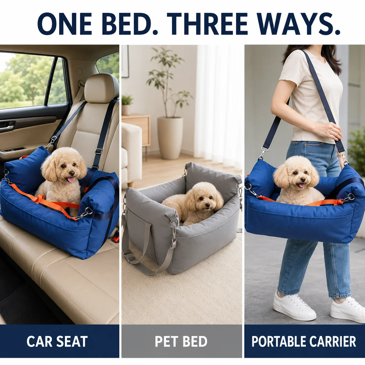 3-in-1 Dog Car Seat for Small Dogs, Portable Pet Travel Bed with Padded Sides, Adjustable Straps and Removable Cushion
