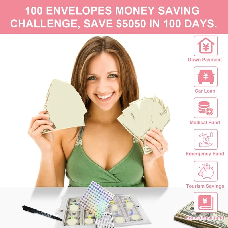 SCLL-100 Envelopes Money Saving Challenge, PU Leather 100 Envelope Challenge Binder, Easy And Funny Way To Save-B Easy To Use