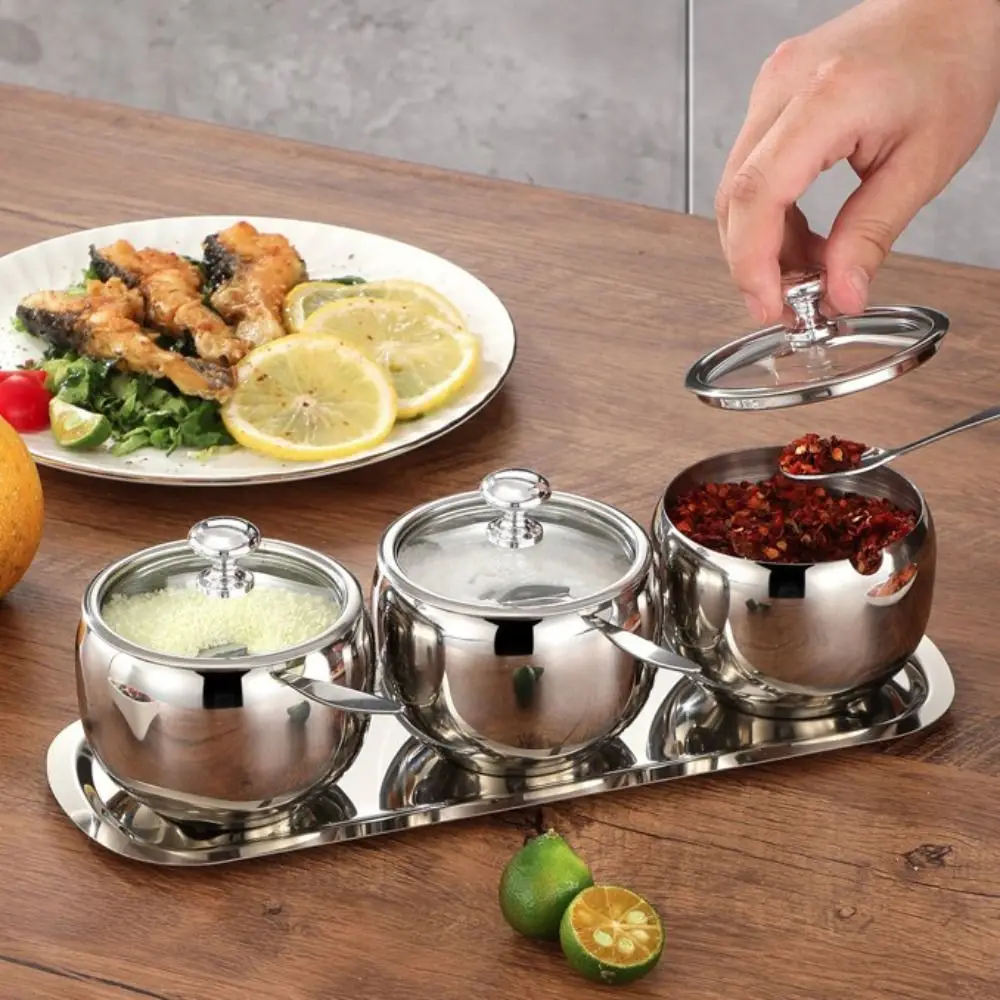 

304 Stainless Steel Spherical Sugar Cube Bowl Moisture-proof Corrosion-resistant Spice Jar Rust-proof with Spoon and Tray